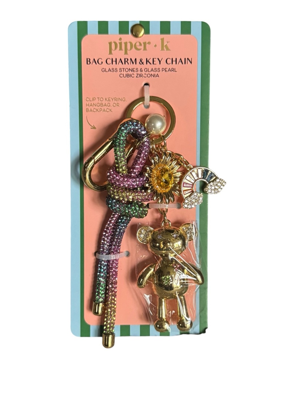 Piper K Gold Teddy Bear Key Chain with Multicolor Crystal Rope and Sun Charm NEW